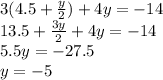 3(4.5 + (y)/(2) ) + 4y = - 14 \\ 13.5 + (3y)/(2) + 4y = - 14 \\ 5.5y = - 27.5 \\ y = - 5