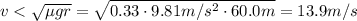 v< √(\mu g r)= √(0.33 \cdot 9.81m/s^2 \cdot 60.0m)=13.9m/s