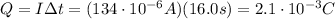 Q=I \Delta t=(134 \cdot 10^(-6)A)(16.0 s)=2.1 \cdot 10^(-3)C