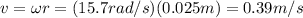 v= \omega r = (15.7 rad/s)(0.025 m)=0.39 m/s