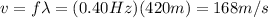 v=f \lambda=(0.40 Hz)(420 m)=168 m/s