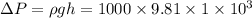 \Delta P=\rho gh=1000*9.81*1*10^3