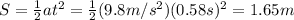 S=(1)/(2)at^2=(1)/(2)(9.8 m/s^2)(0.58 s)^2=1.65 m