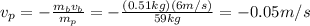 v_p=-(m_b v_b)/(m_p)=-((0.51 kg)(6 m/s))/(59 kg)=-0.05 m/s