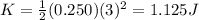 K = (1)/(2)(0.250)(3)^2 = 1.125 J