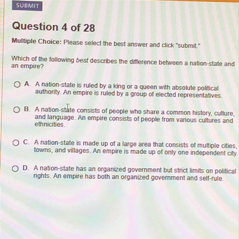 Which of the following best describes the difference between a nation-state and an-example-1