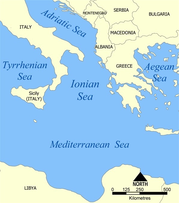 The lonian Sea is an arm of the Mediterranean Sea between western greece and southern-example-1