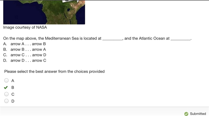 On the map above, the Mediterranean Sea is located at __________, and the Atlantic-example-1