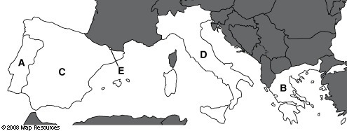 Match the country to the letter that represents it on the map. 1. Spain A 2. Greece-example-1