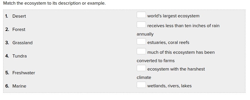 Match the ecosystem to its description or example. PLEASE HELP ASAP!-example-1