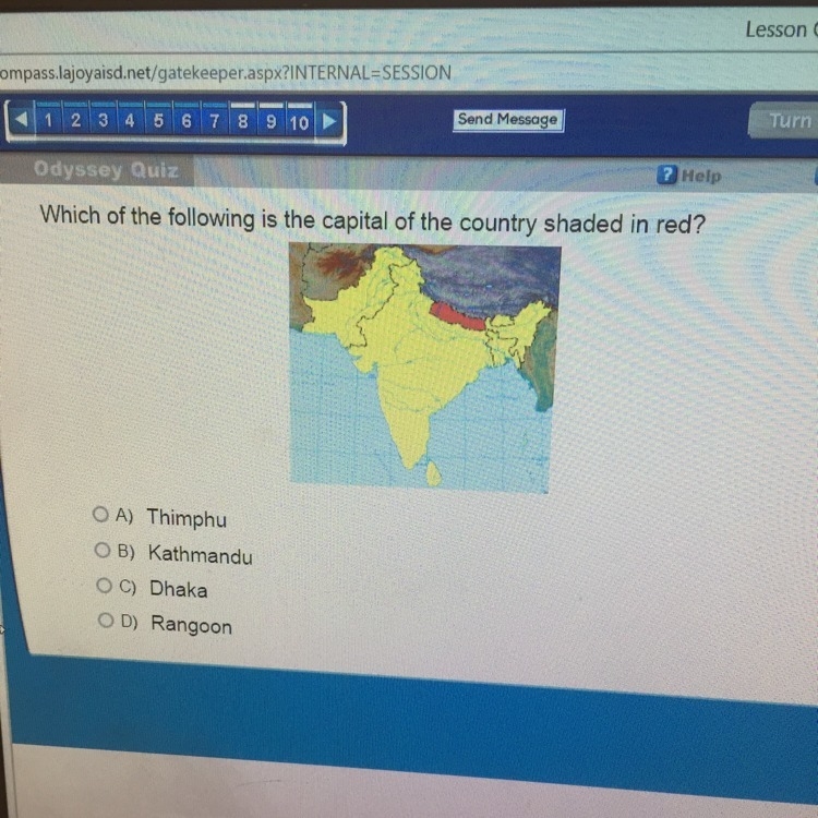 Which of the following is the capital of the country shaded in red A) Thimphu B) Kathmandu-example-1