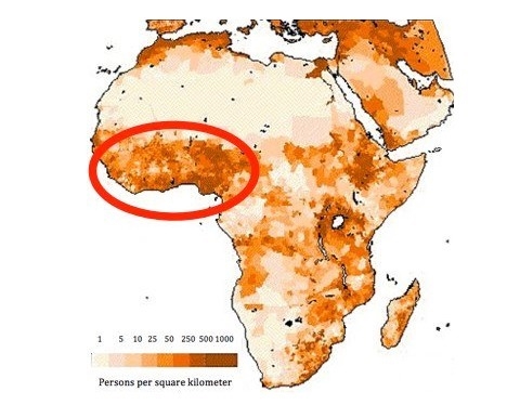 What is the BEST explanation for the population density in the red circled area? A-example-1