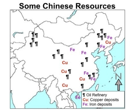 According to the map, oil, copper, and iron are most plentiful in which area of China-example-1