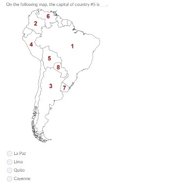 PLEASE HELP IMPORTANT TEST D:! On the following map, the capital of country #5 is-example-1