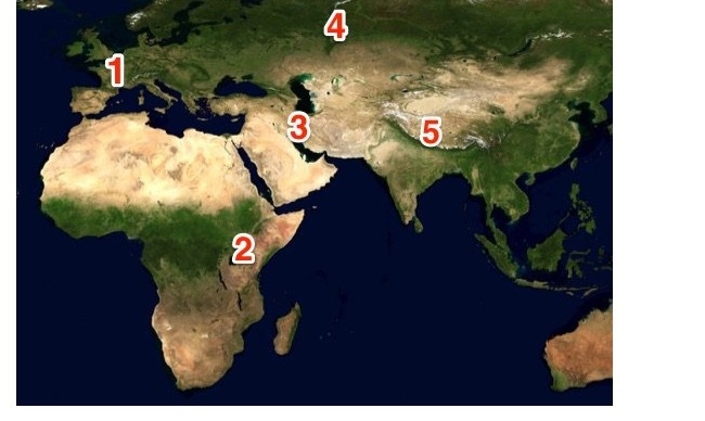 Which number represents the approximate location of the Ural Mountains? A) 1 B) 2 C-example-1