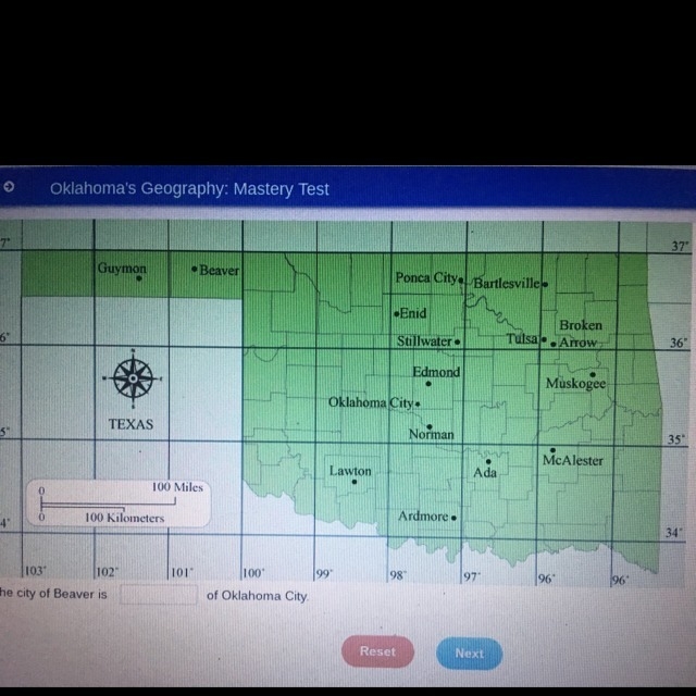 Use the map to identify the relative location,the city the city of beaver is________of-example-1