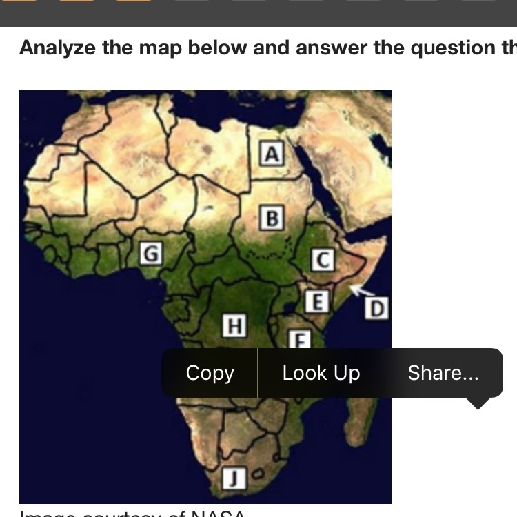 On the map above, Somalia is located at letter _____, and Sudan is located at letter-example-1