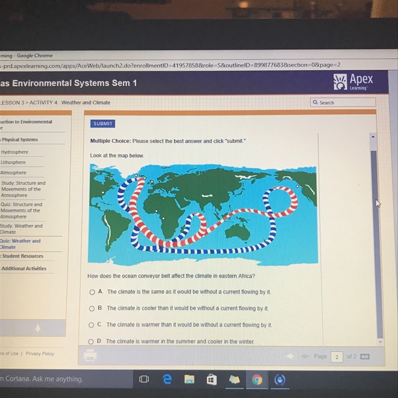 Look at the map below. How does the ocean conveyor belt affect the climate in eastern-example-1