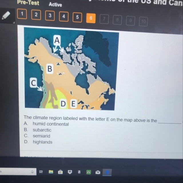 The climate region labeled with the letter E on the map above is the _____ region-example-1