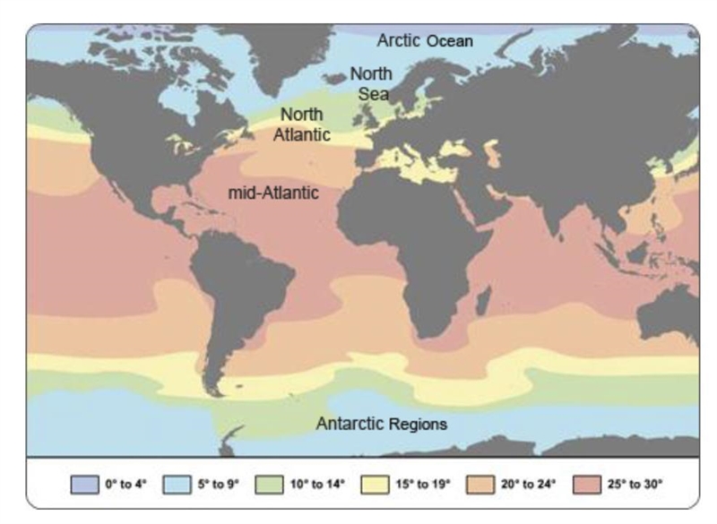 Look at the diagram of sea-surface temperatures. In which of the following areas would-example-1