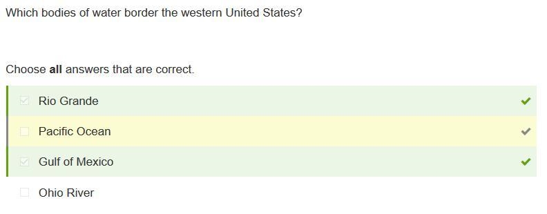 Which bodieS of water border the western united states a) Ohio river b) Pacific Ocean-example-1