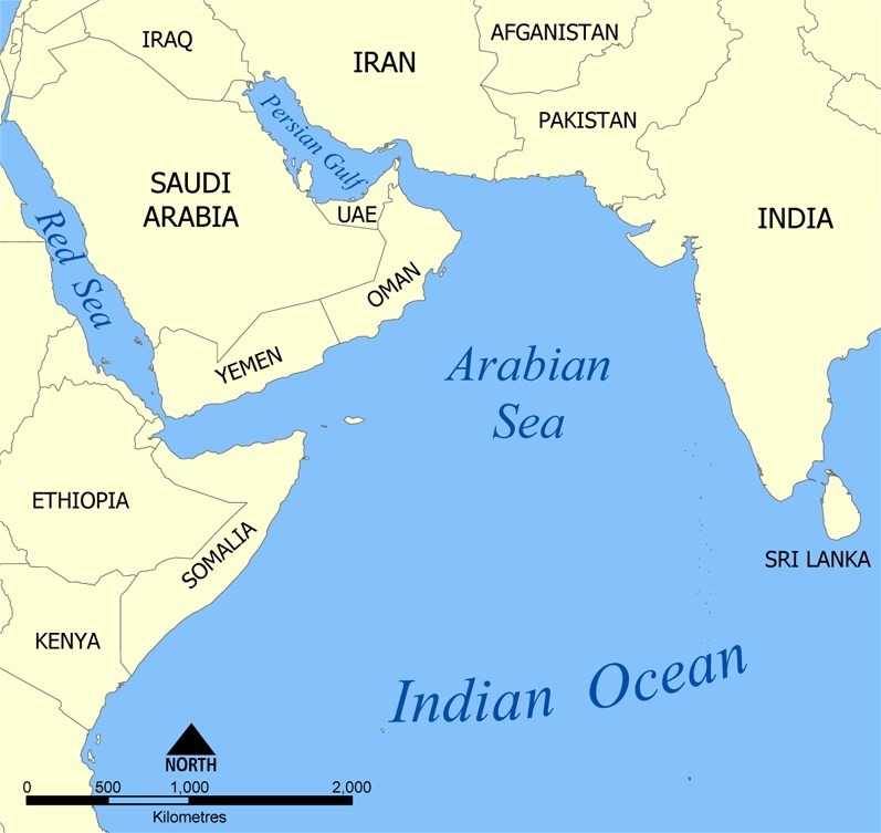 Where is the Arabian Sea located on the map above? A. Letter A B. Letter B C. Letter-example-1