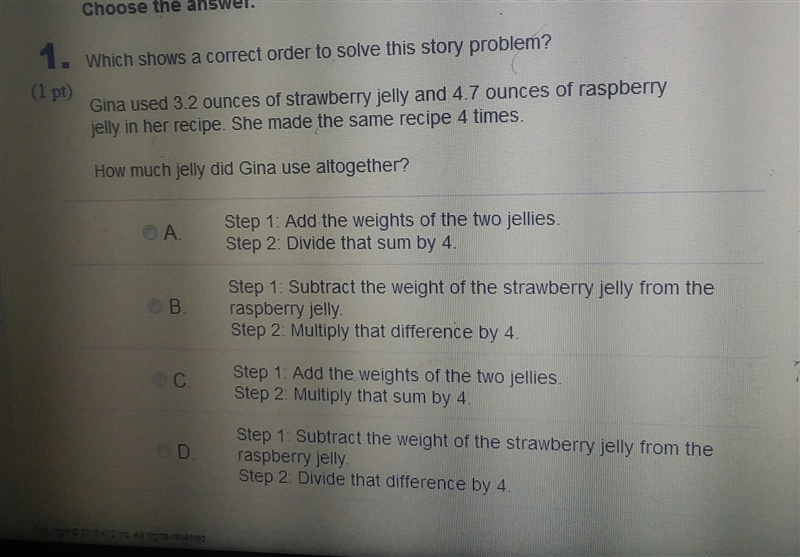 which shows a correct order to solve the story problem Jenny Hughes is 3.2 oz of strawberry-example-1