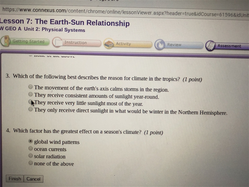 Which of the following best describes the reason for climate in the tropics.-example-1