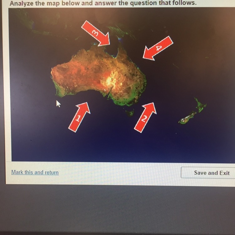 Which body of water is arrow four(4) pointing to on the map? A. The Coral Sea B. The-example-1