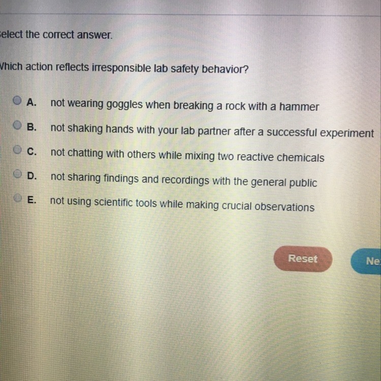 Which action reflects irresponsible lab safety behavior ?-example-1