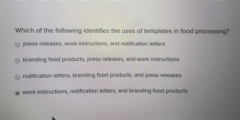 Which of the following identifies the use of templates in food processing?-example-1