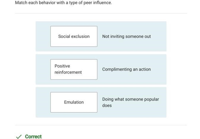 Match each behavior with a type of peer influence. A. Social exclusion Complimenting-example-1