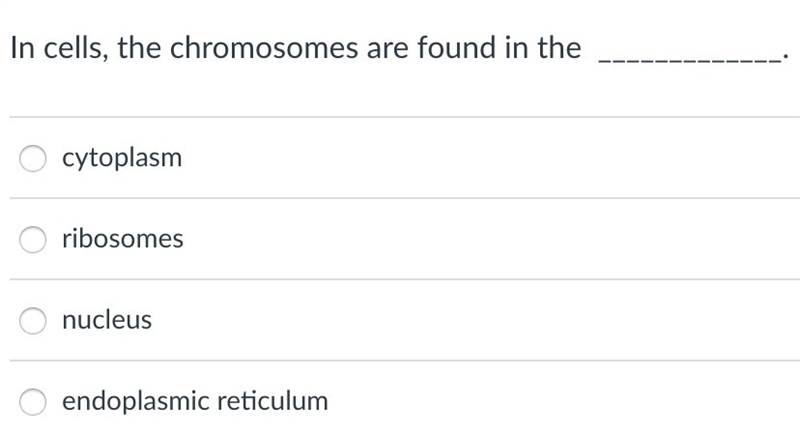 In cells, the chromosomes are found in the _____________.-example-1