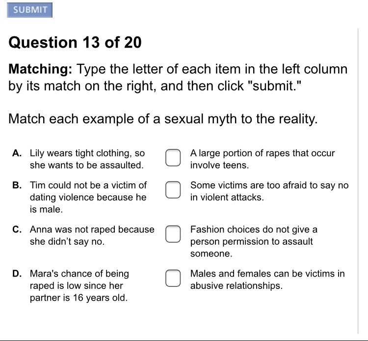 Match each example of a sexual myth to the reality.-example-1