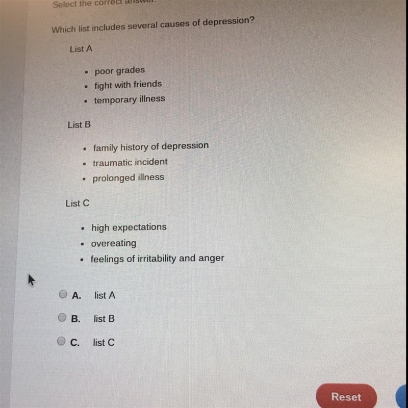 Which list includes several causes of depression-example-1