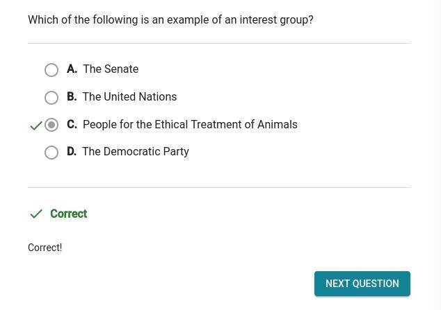 Which of the following is an example of an interest group? A.)The Senate B.)The United-example-1