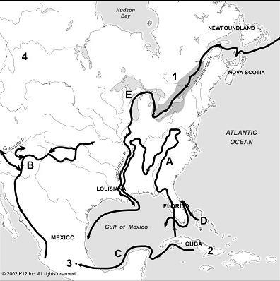 Which letter indicates the route taken by Spanish explorer, Ponce de León? A. A B-example-1