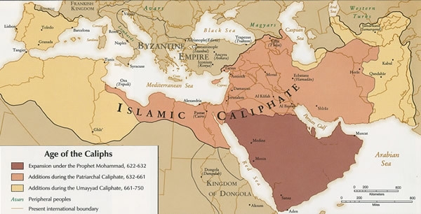 The map below shows the expansion of the empire during the age of the caliphs. Use-example-1