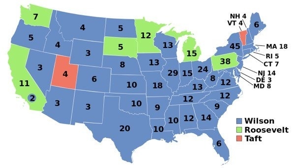 This map shows the electoral results of the Election of 1912. One candidate is not-example-1