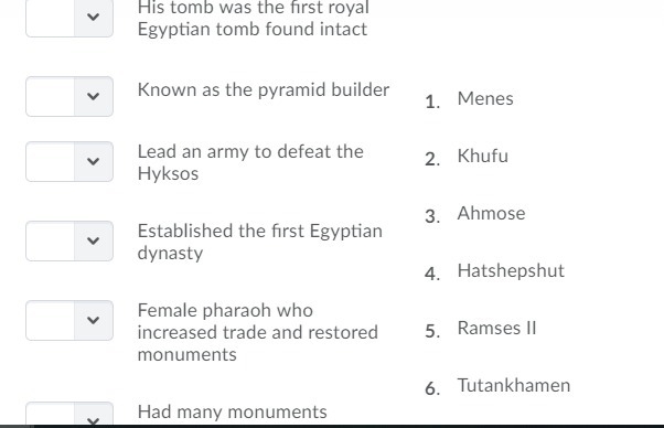 Please help 15 points!!! Match the correct pharoh to its desc.-example-1