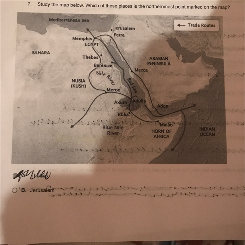 Study the map below. Which of these places is the northernmost point market on the-example-1