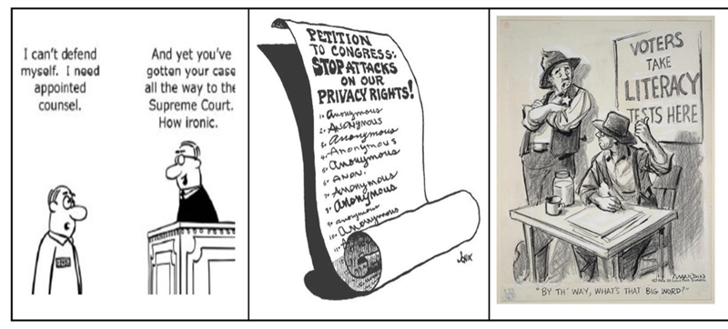 Above are three political cartoons dealing with violations of civil liberties. For-example-1