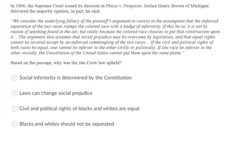 PLEASE HELP ASAP!!! CORRECT ANSWERS ONLY PLEASE!!! In 1896, the Supreme Court issued-example-1