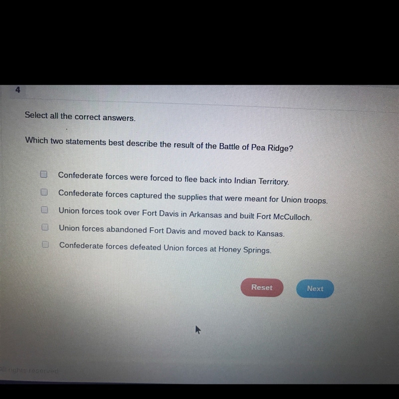 Which two statements best describe the result of the Battle of Pea Ridge?-example-1