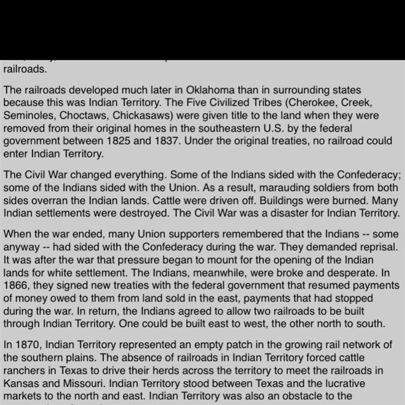 Why were the railroads slow to develop in Oklahoma? A, fear of the Native Americans-example-1