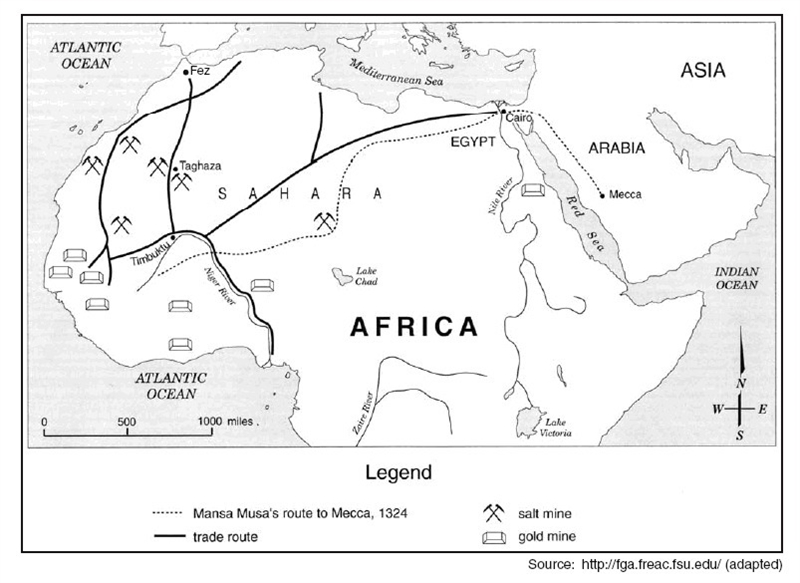 Which of these shows the route taken by Mali emperor Mansa Musa on his famous hajj-example-1