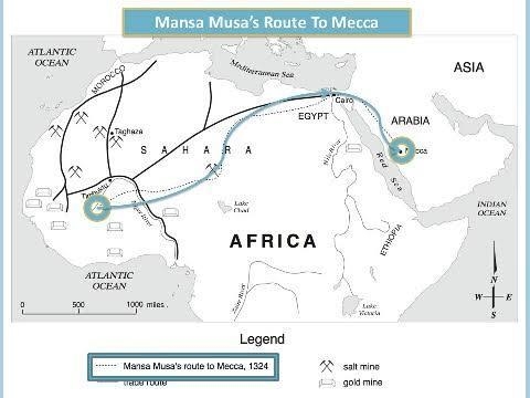 Which of these shows the route taken by Mali emperor Mansa Musa on his famous hajj-example-1