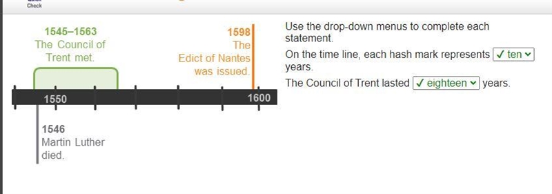 [20 POINTS] Use the drop-down menus to complete each statement. On the time line, each-example-1