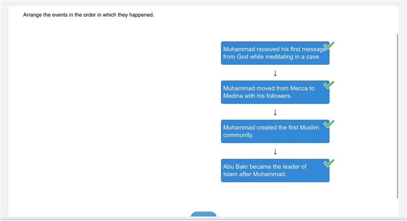 Arrange the events in the order in which they happened. 1. Muhammad moved from Mecca-example-1