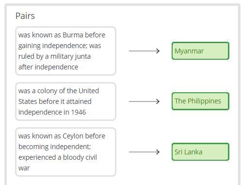 Match each Southeast Asian nation to its description.Sri Lanka The Philippines Myanmar-example-1